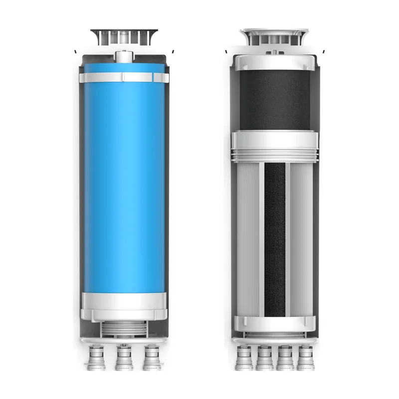 W9–W10 filtrų sandaros pjūvis: 3 viename filtras ir RO membrana